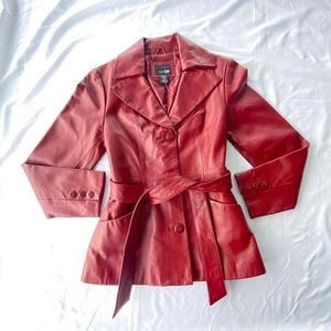 Women’s Red Genuine Leather Belted Button pea coat.
